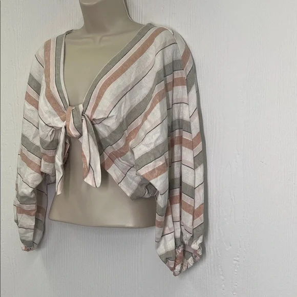 Zara - Striped Colorful Linen Blend Long Sleeve Crop Tie Blouse Size Medium - Picture 5 of 8